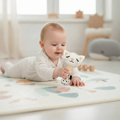 Plyšová senzorická špirála + plyšové pískatko Mačička - ružová, biela