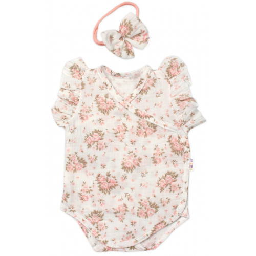 Zavinovacie body, kraťasky + čelenka, mušelín, Pivonky, Baby Nellys, smotanové, veľ. 86