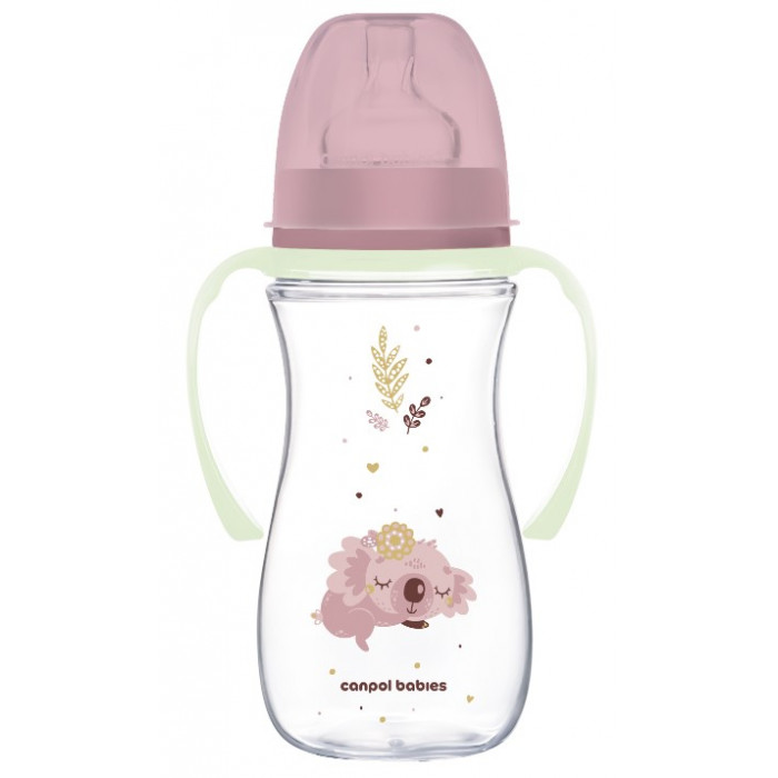 Antikolik. fľaštička so širokým hrdlom a svietiacimi úchytmi, Sleepy Koala, 300 ml - lila