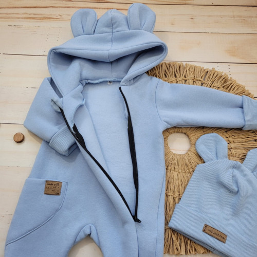 Oteplený detský overal bez šľapiek s kapucní + čiapočka, 2D, modrý