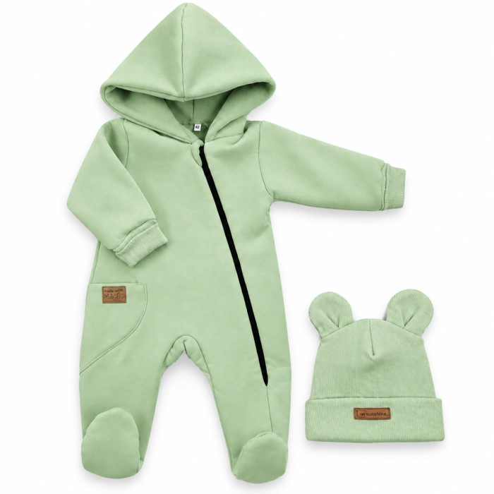 Oteplený detský overal so šľapkami a kapucňou + čiapočka, 2D, matcha