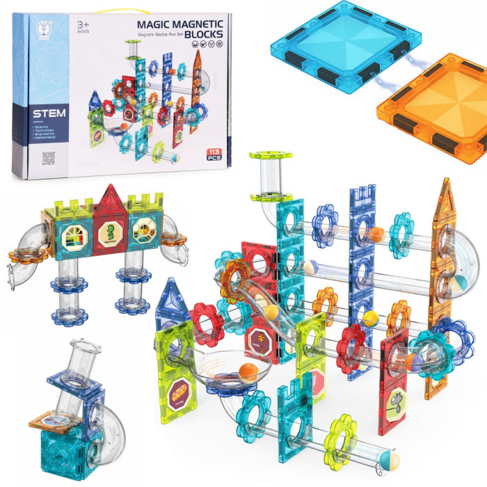 Magnetické stavebné kocky 3D guľôčková dráha 113 ks