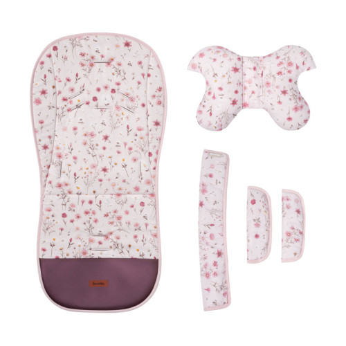 Vložka do kočíka set deluxe 4v1 – obojstranná, velvet a bavlna, kvietky, ružová