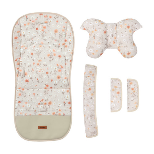 Vložka do kočíka set deluxe 4v1 – obojstranná, velvet a bavlna, kvetinky, béžové