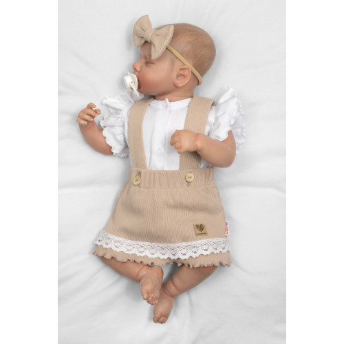 3D súprava LADY, bavlna, body kr. rukáv, suknička s láclom, čelenka, béžová/biela