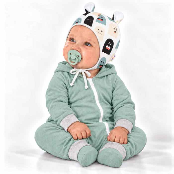 Baby Nellys Dojčenská čiapočka s uškami na zaväzovanie - Príšerky, biela/mätová