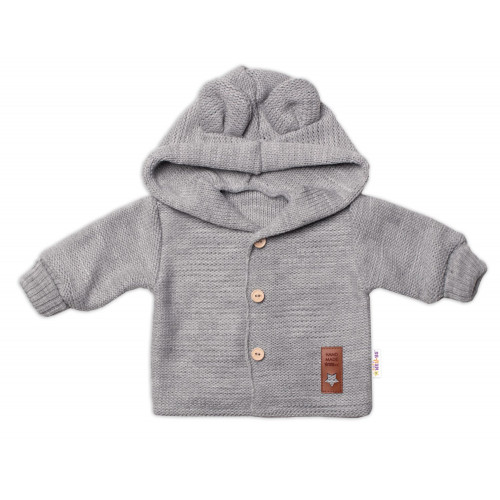 Elegantný pletený svetrík s gombíkmi a kapucňou s uškami Baby Nellys, sivý, veľ. 86
