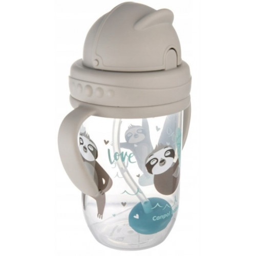 Canpol babies Nevylievací hrnček so slamkou a závažím Exotic Lenochod - šedý, 270 ml