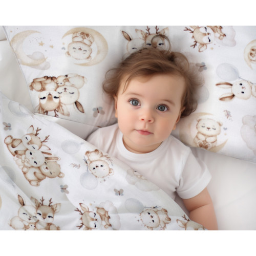Mantinel s obliečkami, 3D sada - Sny zvieratiek, biela/hnedá, 135x100 cm