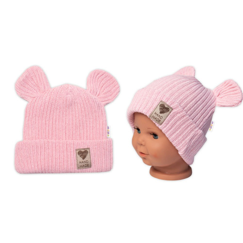 Pletená bavlněná čiapka s uškami, dvojvrstvová, Hand Made Baby Nellys, ružová, veľ. 68/74