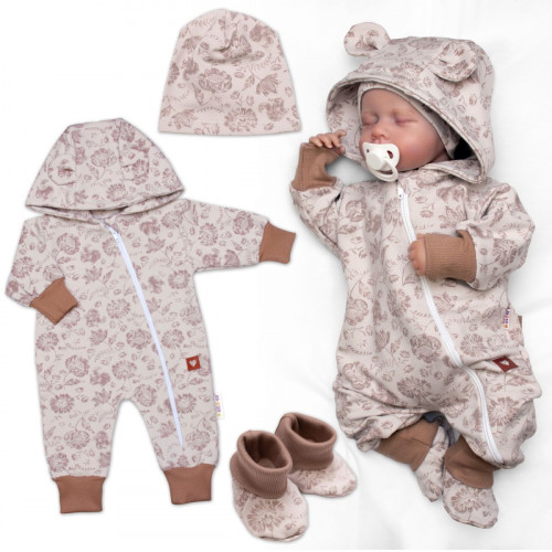 Rastúci bavlnený overálok, čiapočka a topánočky, 3D, Garden - béžová/hnedá, veľ. 62/68