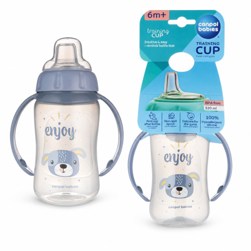 Tréningový hrnček s mäkkým silikónovým pítkom 320 ml, netekúci, modrý