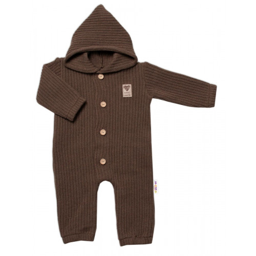 Baby Nellys Pletený overálok s kapucňou a gombíkmi Hand Made, hnedý, veľ. 68/74