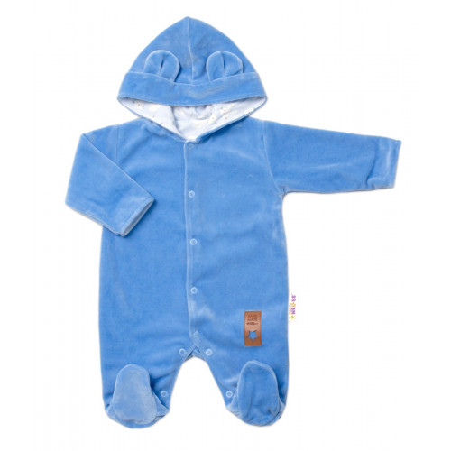 Baby Nellys Dvojvrstvový velúrový overal s kapucňou New Bunny, modrý, veľ. 68