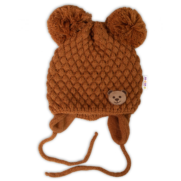 Zimná pletená čiapka Teddy na zaväzovanie, hnedá, 68/80, (6-12m)