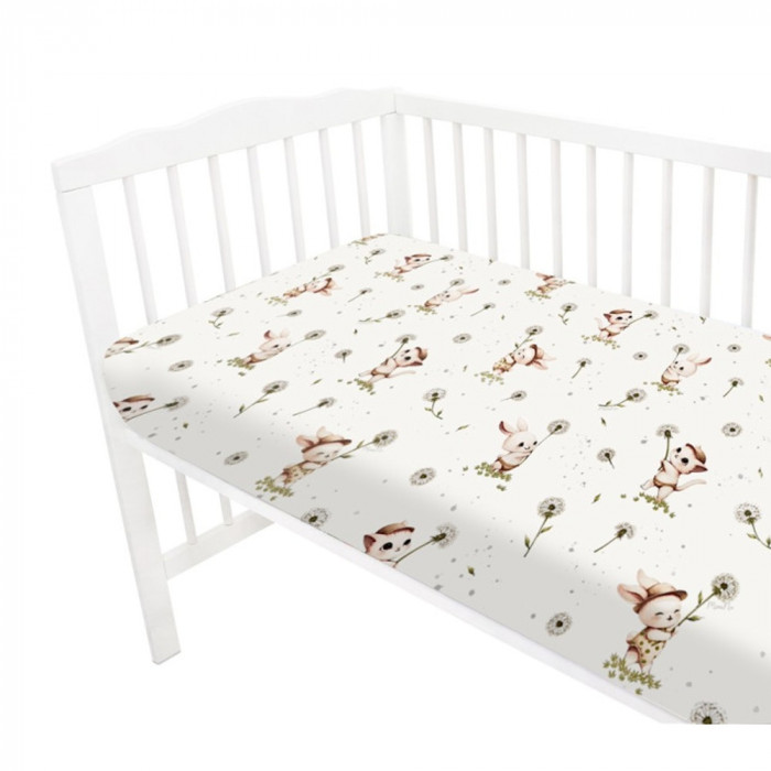 Prestieradlo do postieľky 120x60cm, bavlna, Kocúrik a púpava - biela