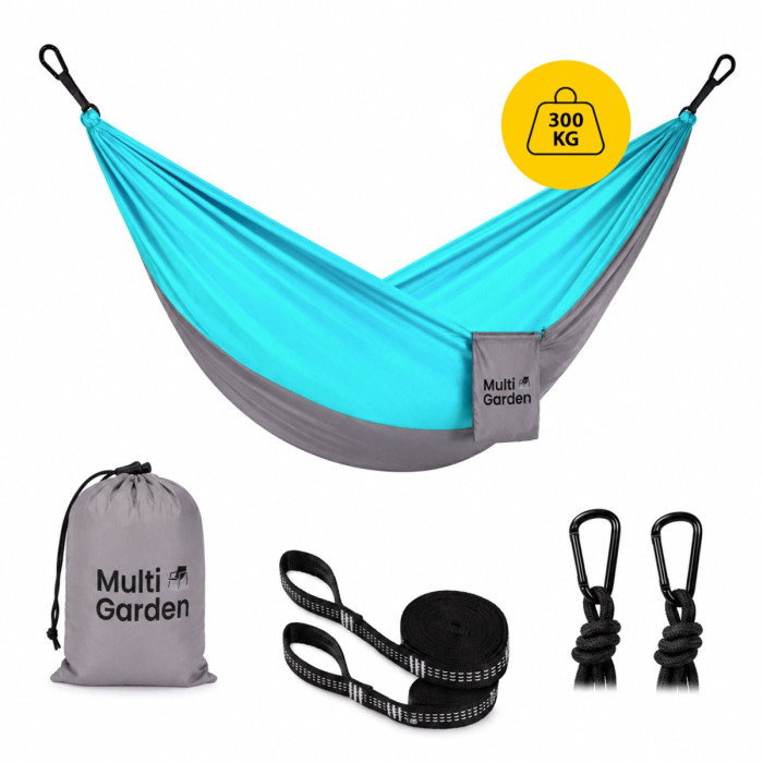 Záhradná hojdacia sieť MultiGarden 290×140 cm – nosnosť 300 kg, modrá, sivá