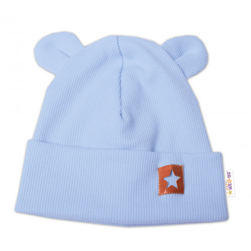 Baby Nellys Rebrovaná dvojvrstvová čiapka s uškami TEDDY - sv. modrá, veľ. 68/74