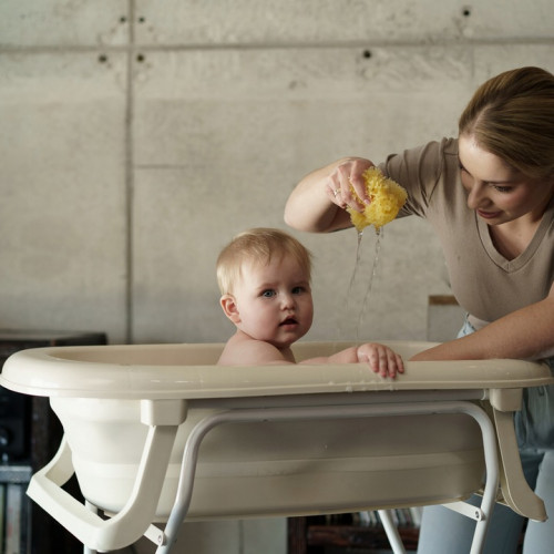 Detská skladacia vanička s teplomerom a výpustom – vanička pre bábätko - béžová