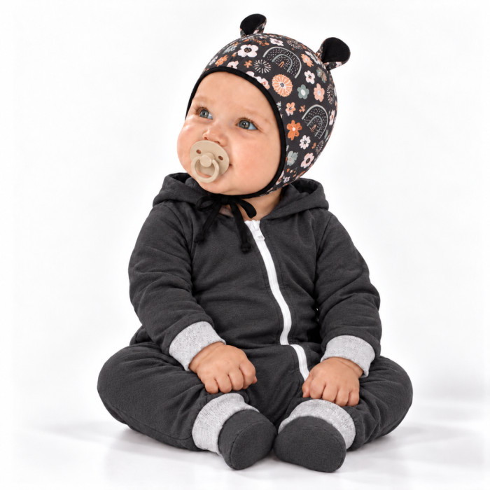 Baby Nellys Dojčenská čiapočka s uškami na zaväzovanie - Palouček, grafit