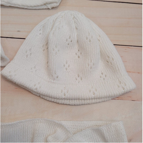 Pletená ažurková sada 4D, tunika, polodupačky, čiapočka + čelenka Kazum, biela, veľ. 62