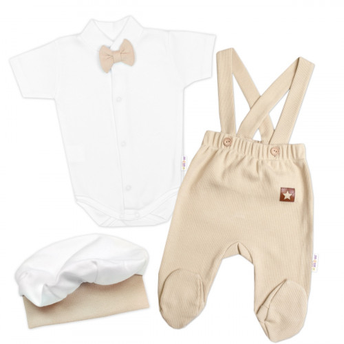 Bavlnená súprava Gentleman 3D, body kr. rukáv, polodupačky s lacnom, čiapočka,béžová/biela