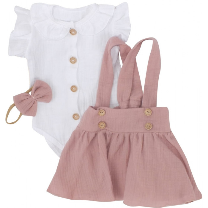 Mušelínová suknička s lacnom, bodýčko a čelenka, 3D sada, biela/staroružová