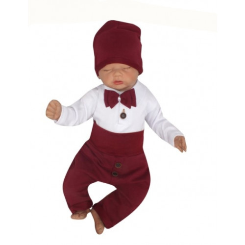 Z&Z 4-dielna súpravička body, tepláčky, čiapočka a motýlik, biela/bordó, veľ. 80