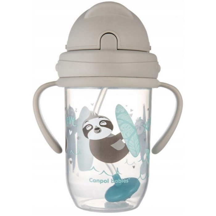 Canpol babies Nevylievací hrnček so slamkou a závažím Exotic Lenochod - šedý, 270 ml