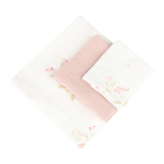 Mušelínové plienky krešované sada 3 ks Flowers Pink – 120×120, 70×60, 30×35 cm