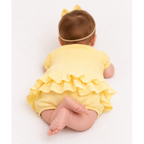 Baby Nellys 3-dielna mušelínová súpravička, body, kraťasky+čelenka GIRL, žltá, veľ. 74