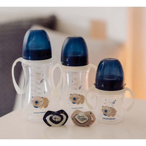 Antikolik. fľaštička so širokým hrdlom a svietiacimi úchytmi, Sleepy Koala, 240 ml - modrá