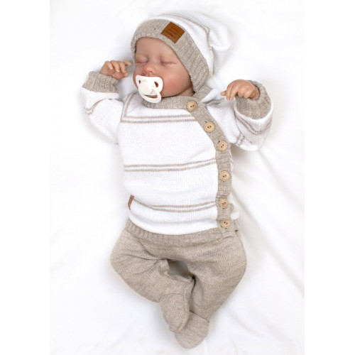 Pletená sada pre bábätko s jemným prúžkom 3D, lux - béžová, biela