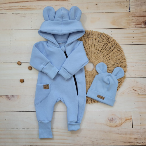 Oteplený detský overal bez šľapiek s kapucní + čiapočka, 2D, modrý