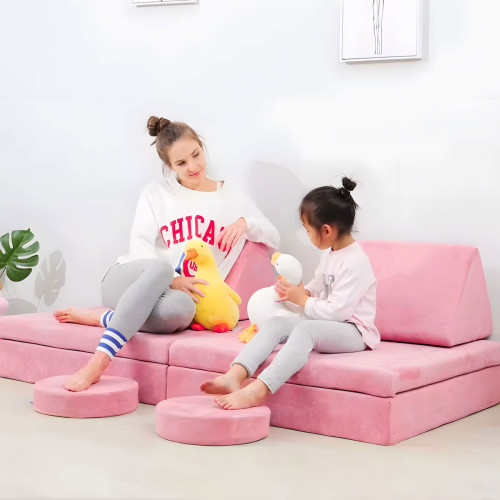 Kreatívna detská pohovka z mäkkých vankúšov – skladací modulárny set 8 dielov - rúžová