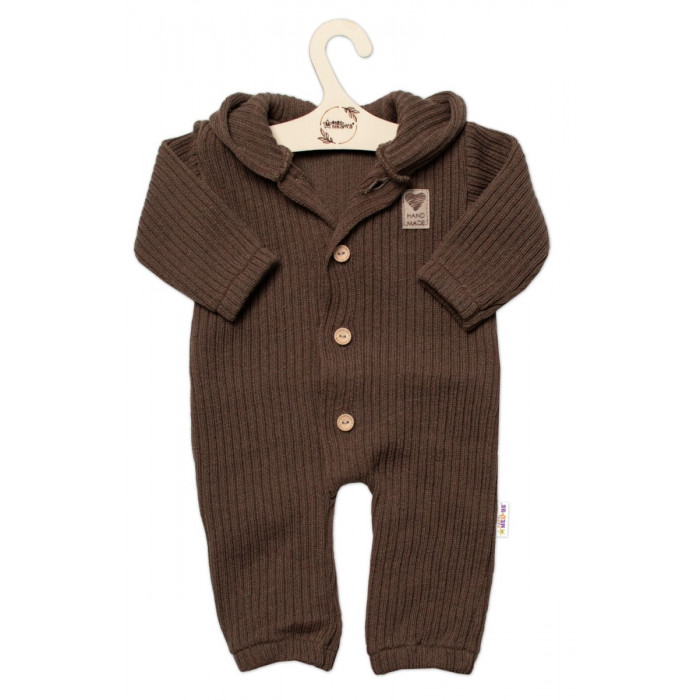 Baby Nellys Pletený overálok s kapucňou a gombíkmi Hand Made, hnedý, veľ. 68/74