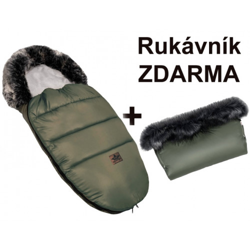 Zimný fusak s kožušinou + rukávnik zadarmo, Baby Nellys, 50 x 100cm, olivový