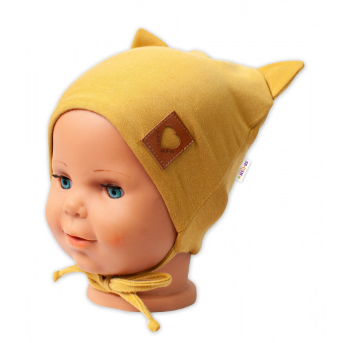 Baby Nellys Bavlnená dvojvrstvová čiapka s uškami na zaväzov. FOX - horčicová, veľ. 68/74