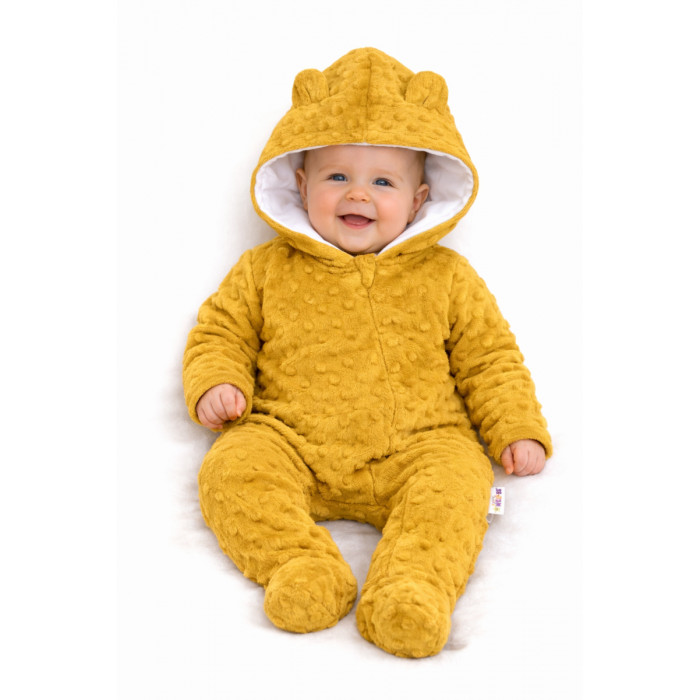 Baby Nellys Kombinézka /overal Minky s kapucňou a uškami - horčica, veľ. 80