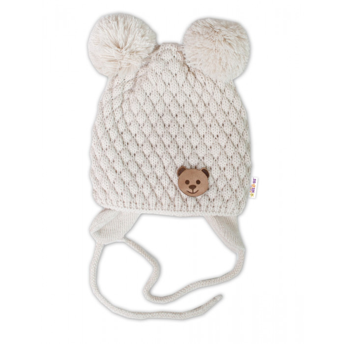 Zimná pletená čiapka Teddy Bear na zaväzovanie, ecru, 68/80, (6-12m)