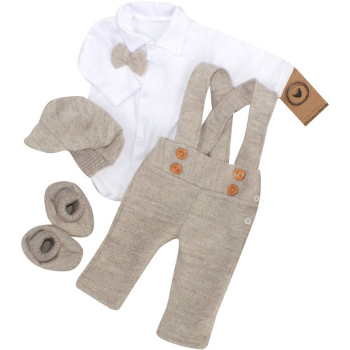 Z&Z 5-dielna pletená sada Boy, body, nohavice, čiapočka motýlik, topánočky, béžová, veľ.86