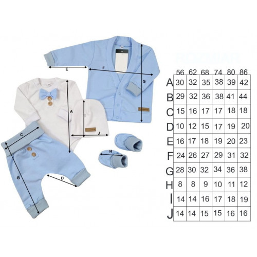 Bavlnená sada, body, nohavice, motýlik a čiapka Elegant Boy 5D, Kazum, modrá/biela, veľ.80