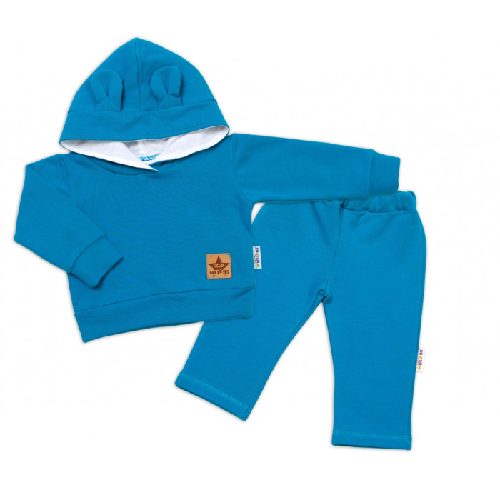 BABY NELLYS Detská tepláková súprava s kapucňou a uškami, petrolejová, veľ. 80