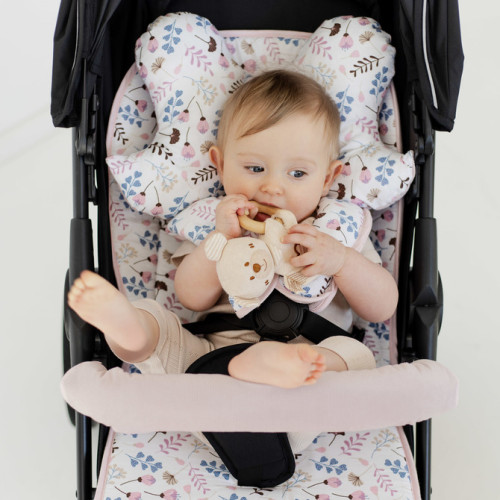 Oboustranná vložka do kočárku, velvet, bavlna, Květinky, růžové