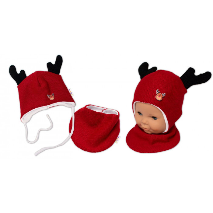 Baby Nellys Pletená dvojvrstvová čiapka so šatkou Sobík, červená/biela