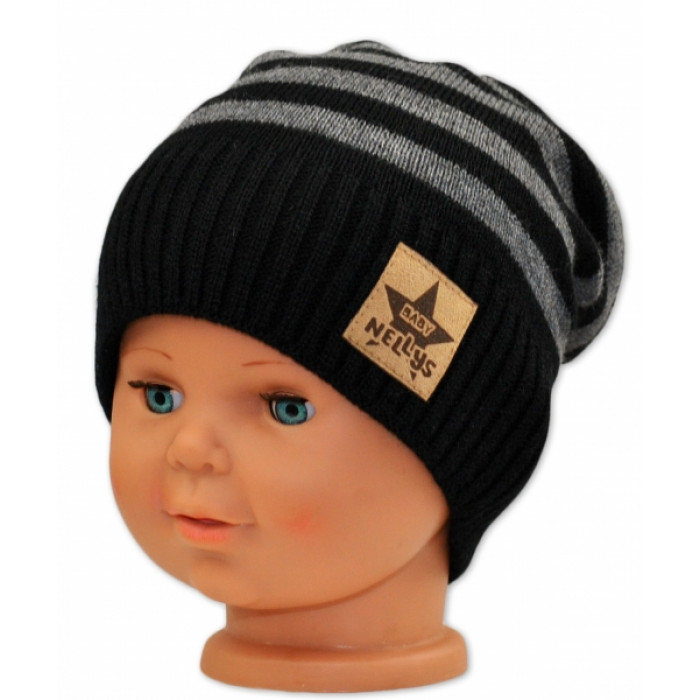 BABY NELLYS Jesenná/zimní prúžkovaná čiapka - čierno/sivá BABY NELLYS Jesenná/zimní prúžkovaná čiapka - čierno/sivá