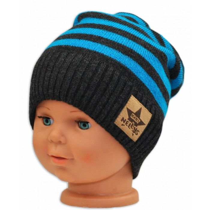 BABY NELLYS Jesenná/zimní prúžkovaná čiapka - grafit/tyrkys BABY NELLYS Jesenná/zimní prúžkovaná čiapka - grafit/tyrkys