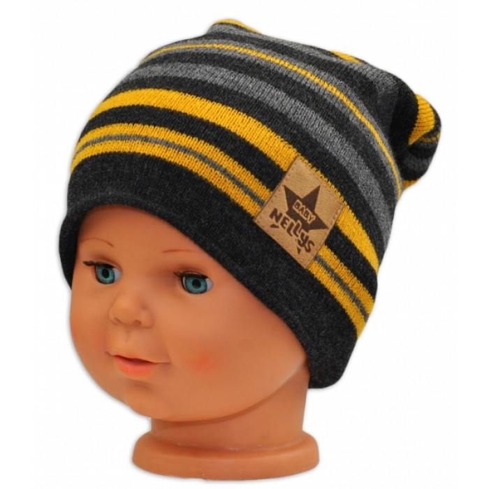 BABY NELLYS Jarná/jesenná prúžkovaná čiapka - grafit/sivá/žltá BABY NELLYS Jarná/jesenná prúžkovaná čiapka - grafit/sivá/žltá