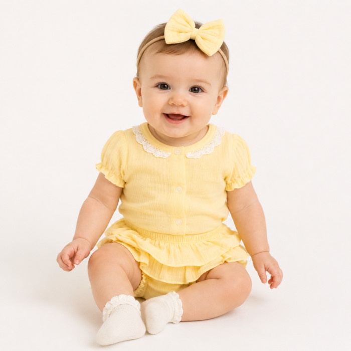 Baby Nellys 3-dielna mušelínová súpravička, body, kraťasky+čelenka GIRL, žltá