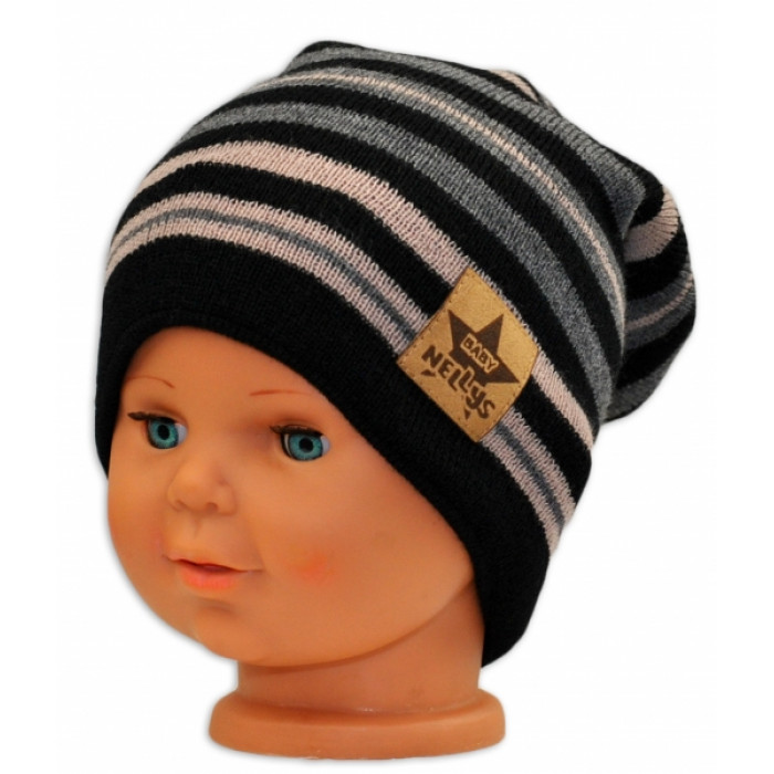 BABY NELLYS Jarná/jesenná prúžkovaná čiapka - čierná/béžová/grafit BABY NELLYS Jarná/jesenná prúžkovaná čiapka - čierná/béžová/grafit